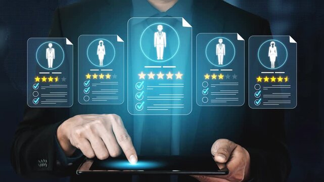 Business Professional Analyzing Digital Profiles on Tablet Device with Graphical User Interface Displaying Ratings and Reviews Sigmoid