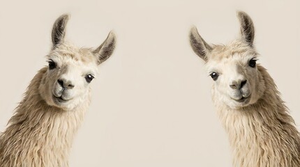 Fototapeta premium Two fluffy llamas with curious expressions tilt their heads towards the camera against a plain, light-colored background.