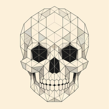 Minimal geometric skull line art with polygonal facets and fine technical shading on a cream background, suitable for modern tattoo, poster, and vector-style design