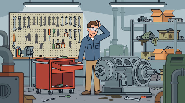 a man standing in a workshop with tools.