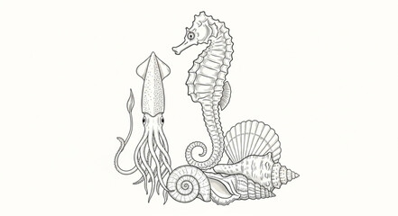 Seahorse and Squid Illustration with Seashells. © Melinda