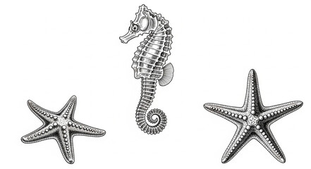 Seahorse and two starfish illustration on white background. © Melinda
