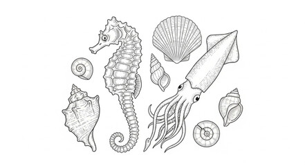 Seahorse Squid and Seashells Illustration. © Melinda