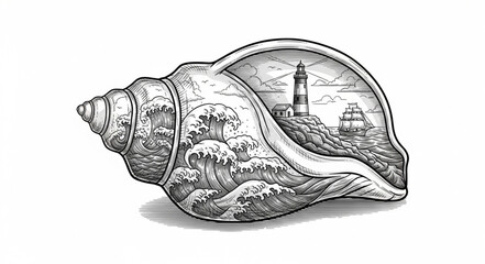Seashell with Lighthouse and Ocean Scene Inside. © Melinda