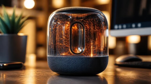 Intricate copper wiring patterns visible through a translucent shell, capturing the high detail giga tech aesthetic of a modern smart speaker device sitting on a desk in a cinematic widescreen view.