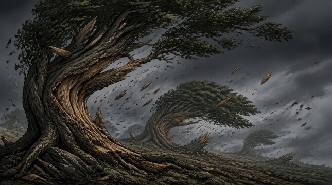 Ancient gnarled oak trees bending under intense pressure in a dark stormy landscape, capturing a cinematic display of natural resilience against the ferocious power of a violent wind and heavy rain.