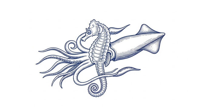 Seahorse riding a squid illustration.