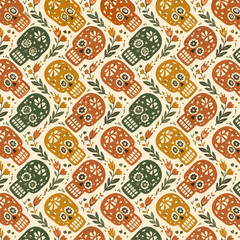 Naklejka premium Seamless folk art pattern featuring colorful sugar skulls, flowers, and leafy botanical motifs on a warm cream background, ideal for Halloween, Day of the Dead, textile, and wrapping paper designs.