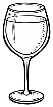 Wine glass illustration, elegant stemware with clear liquid drink for bar beverage service or dining enjoyment