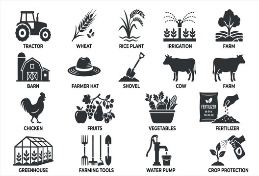 Farming Icons Set Black And White Vector Illustrations On White Background