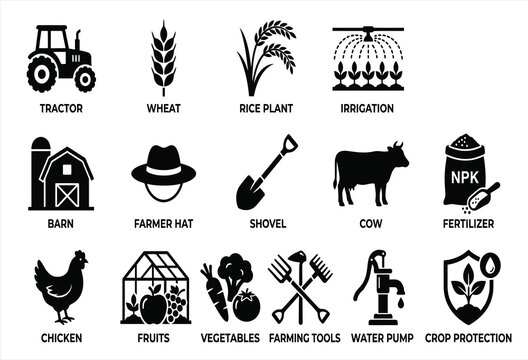 Farming Icons Collection Black Silhouette Shapes On White Background