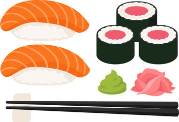Japanese Sushi Cuisine Vector Icon Set with Salmon Nigiri Tuna Maki Rolls Chopsticks Wasabi and Pickled Ginger for Restaurant Menu Design © MstBobita