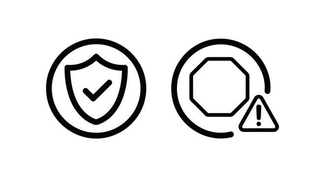 Safety zone and restricted area icons with shield checkmark and warning sign restricted security protection illustration information forbidden boundary notification attention
