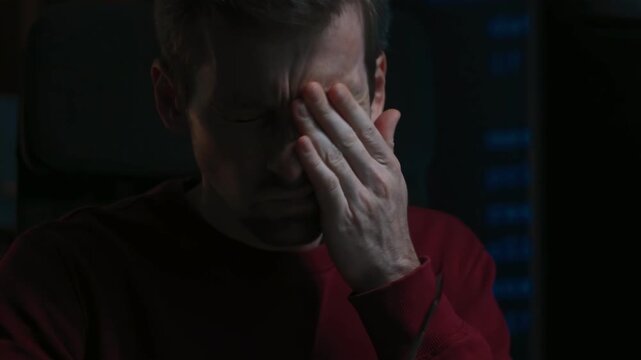 Fatigued developer removing eyeglasses and rubbing sore eyes during intense night programming work with blue light exposure and constant screen time. Overworked coder facing burnout at computer desk