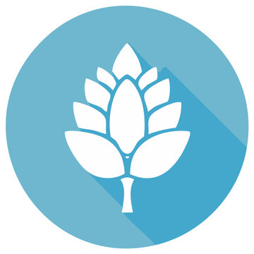 Modern flat design icon of a white botanical hop cone or plant bud on a vibrant blue circle with long shadow effect