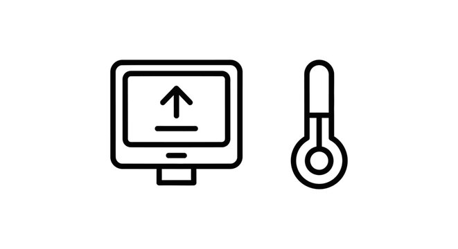 Computer screen showing upload arrow and thermometer icon with computer thermometer temperature technology transfer progress measurement analysis monitoring interface illustration
