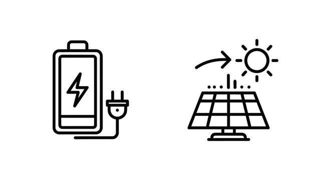Battery and power management icon with plug and solar array tracker icon management electricity renewable technology illustration background alternative generation optimization