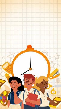 students group standing in front of big orange clock
