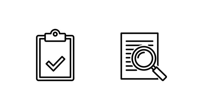 Qa checks and audit line icons set for quality control and inspection processes with assurance inspection document clipboard magnifying verification business management examination
