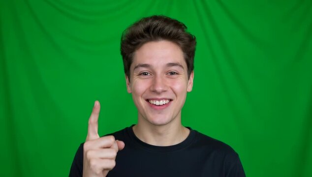 A young man with a joyful expression points his index finger upward against a vivid background, capturing a moment of excitement and inspiration.