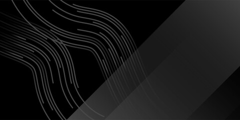 Naklejka premium Abstract black technology background with dynamic grey wavy lines. Futuristic dark elegant vector template for banner, brochure, or digital wallpaper presentation.