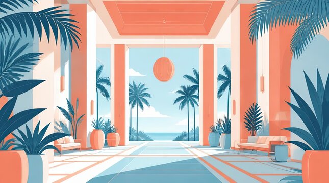 A vibrant geometric composition depicting an expansive resort entrance, showcasing a modern architectural design with tropical palm trees, elegant lounge furniture, and a tranquil seaside horizon.