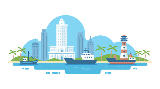 A city skyline with boats and a lighthouse on the water  scenic view