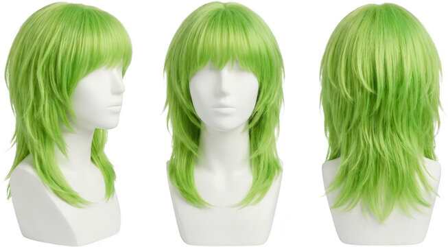 A layered shag hairstyle wig in a vibrant unnatural lime green color displayed from front side and back views on white mannequins green wig fashion wig cosmetic beauty synthetic wig