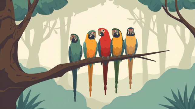 illustration group of colorful parrot birds sitting on top of tree branch in forest 