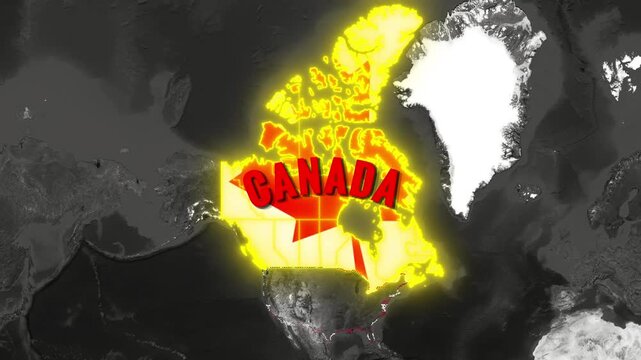 North America Map Animation Highlighting Canada and USA with Glowing Borders and Flags