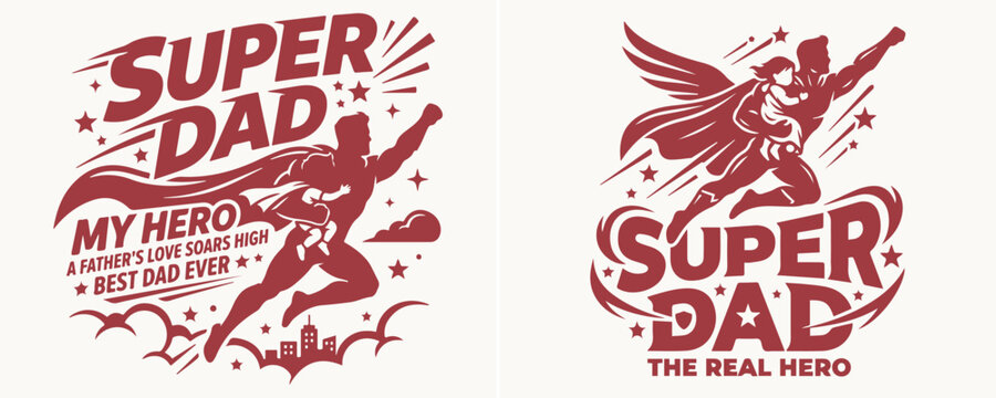 Super dad hero concept graphic illustration with flying cape and bold typography