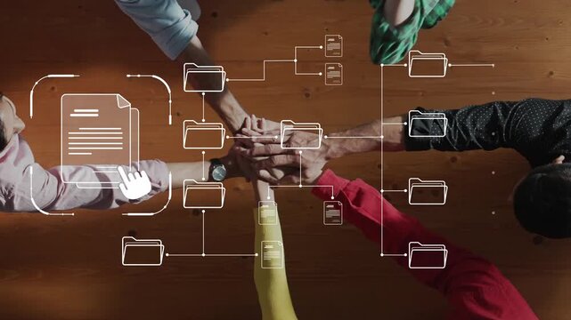 This image showcases a modern representation of digital document management with hands engaging with folder icons, emphasizing organization and workflow in a creative workspace. Raster