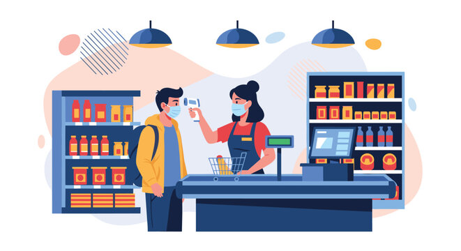 Grocery store cashier wearing a mask uses a contactless thermometer to check a customer's temperature at the counter during a pandemic.