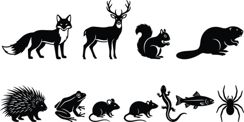 Forest Animal Silhouette Collection Featuring Fox, Deer, Beaver, Porcupine, Frog, Mouse, Fish and Spider Wildlife Illustrations © Arifa