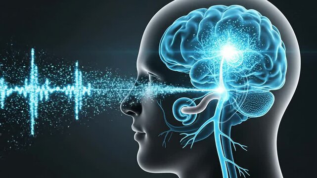 Human Anatomy Digital Visualization of Brain and Arteries in Health and Neuroscience with Technology Elements and Dark Background for Medical Illustrations and Health Concepts