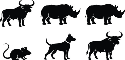 Wild Animal Silhouette Set Featuring Buffalo, Rhinoceros, Dog and Mouse for Wildlife, Safari and Nature Design Projects © Arifa