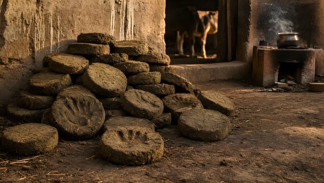Dung cake in line with fields background at village atmospheric making process of dry in Sun shine making fuel for clay made stove buring fire traditional objects made by Indian women generated by AI