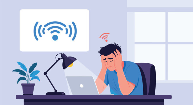 Frustrated man at his desk covers his face in despair due to a poor internet connection and a weak wifi signal while working at night.