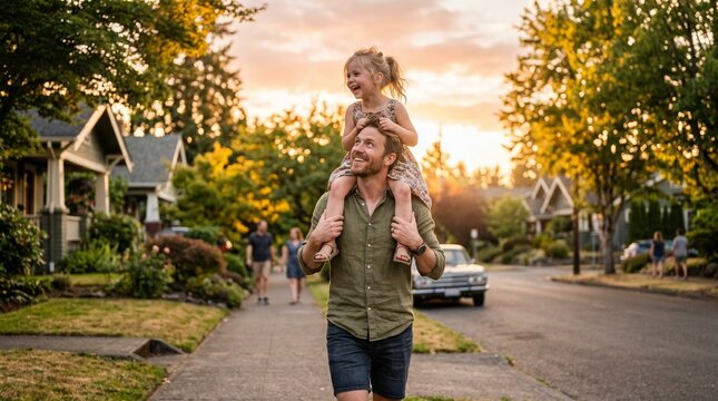 A happy father walking down a suburban sidewalk carrying his laughing young daughter on his shoulders during a warm sunset