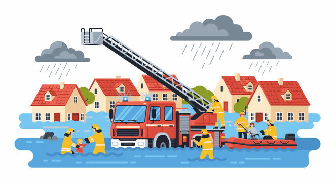 Rescuers in a flooded town, with a fire truck and boat saving people