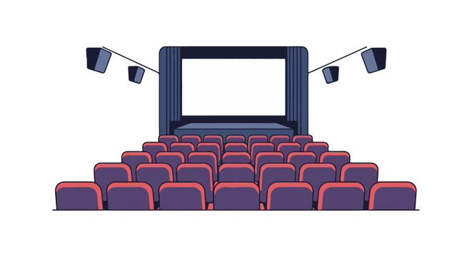Rows of empty cinema seats face a large white screen and stage