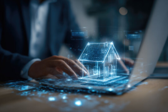 Businessman using laptop digital property certification real estate approval hologram smart contract verification mortgage compliance secure transaction deed authentication proptech software 
