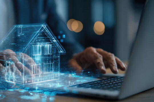 Businessman using laptop digital property certification real estate approval hologram smart contract verification mortgage compliance secure transaction deed authentication proptech software 