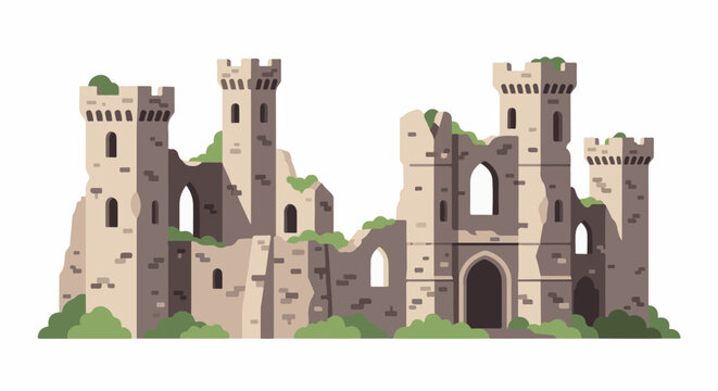 Pixelated medieval castle ruins with stone towers and encroaching vegetation