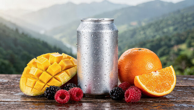 Can mockup template pattern with real fruit organic for fresh drink product on wood table