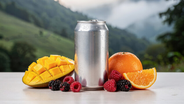 Can mockup template pattern with real fruit organic for fresh drink product on wood table