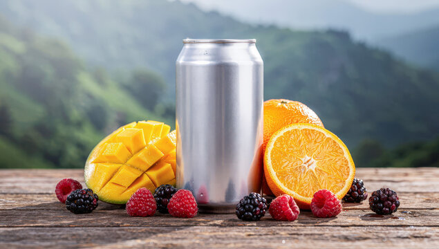 Can mockup template pattern with real fruit organic for fresh drink product on wood table