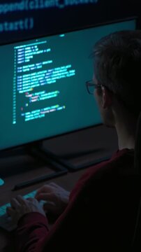 Concentrated male coder works a dimly lit room with lines of code projected in the background. Software engineer tackles a challenging machine learning script late at night. Vertical video
