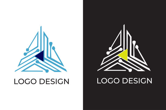 Innovative geometric technology logo featuring an abstract triangular emblem formed with interconnected circuit-style lines and sharp angular shapes.