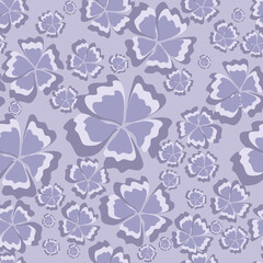 Fototapeta premium Minimalist lavender floral seamless pattern in monochrome pastel purple. Gentle aesthetic botanical background, soft groovy flowers texture for nursery, textile, wallpaper, apparel, wrapping paper